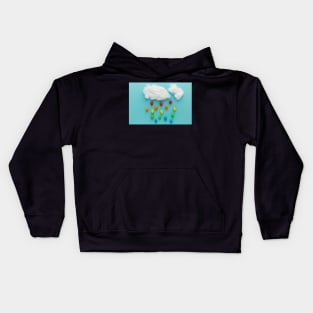 Photo illustration depicting clouds and rainbow-colored raindrops Kids Hoodie